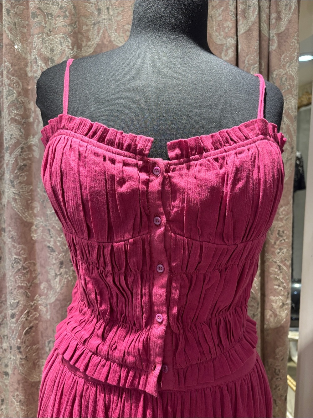 BNWT Raspberry Ruffle Button-Front Spaghetti Strap Top